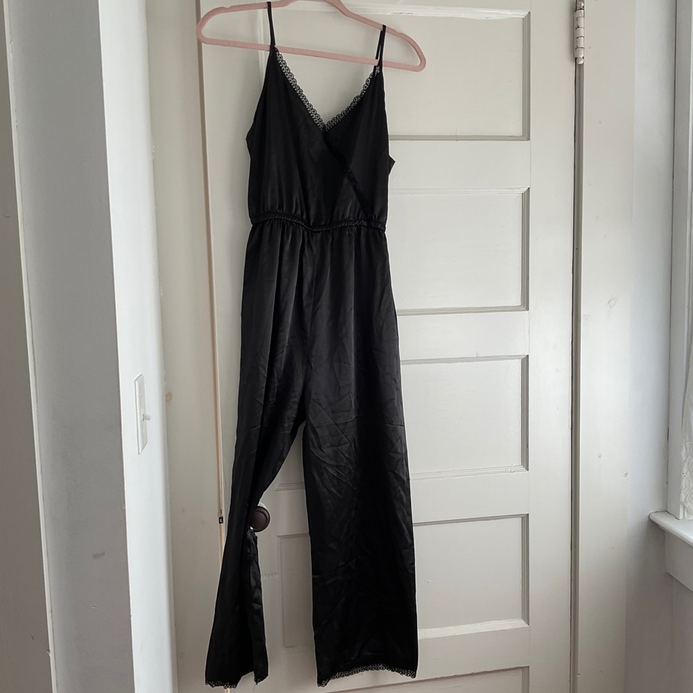 Black faux satin jumpsuit
